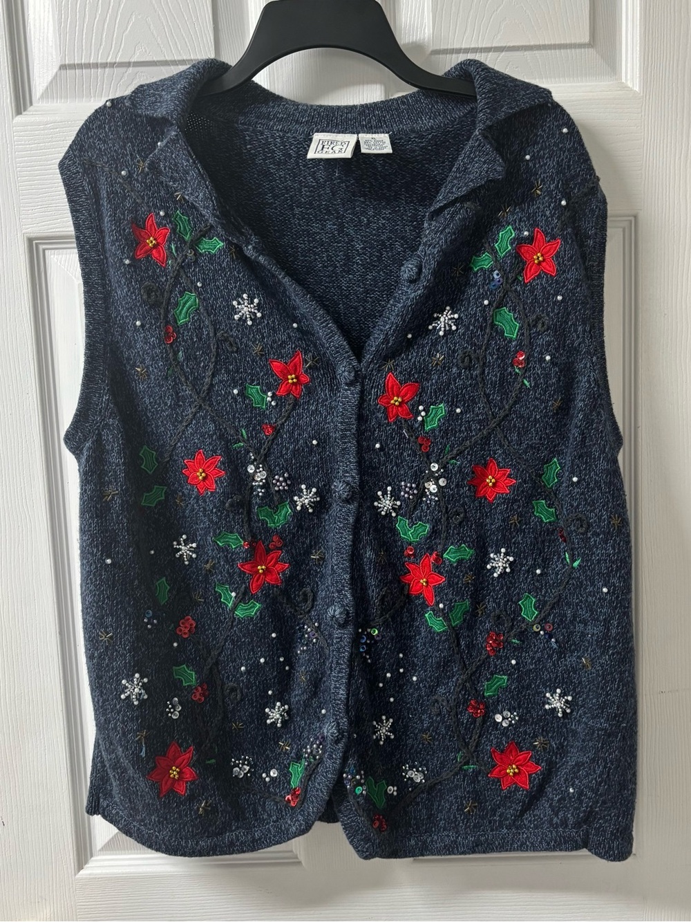 Faded Glory Grandma-core Festive Christmas Sweater Vest Poinsettias Beaded Knit